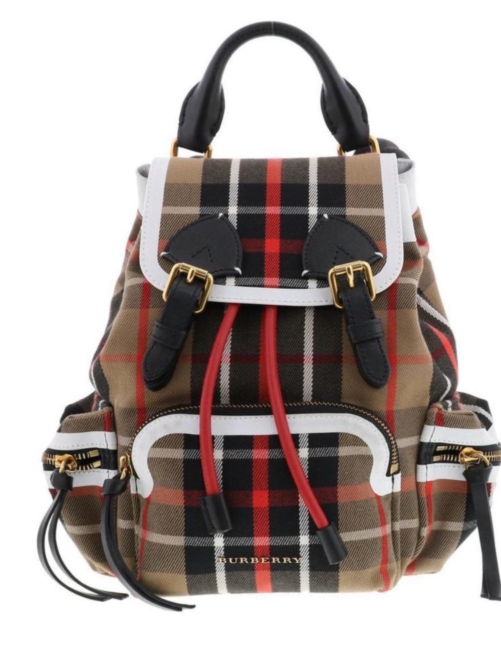 Burberry Tan, Black and Red Plaid Drawstring Backpack with White Trim